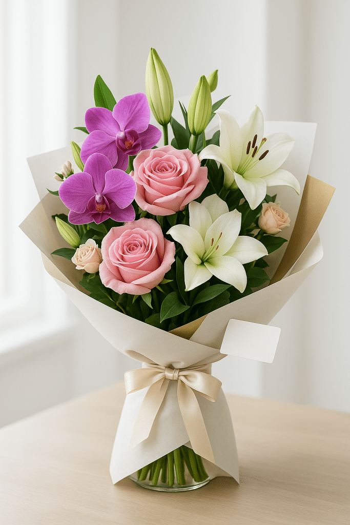 Elegant bouquet of pink roses, white lilies, and purple orchids wrapped in beige paper with a satin ribbon —same day flower delivery Singapore | ValentineDay.sg