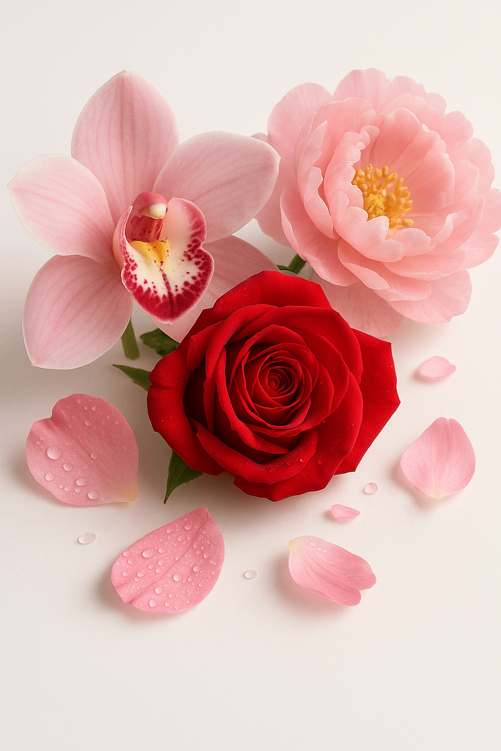 Close-up of red rose, pink peony, and orchid flowers with delicate petals and dew drops — same day flower delivery Singapore | ValentineDay.sg