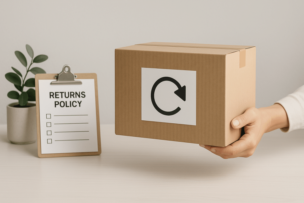 A cardboard box with a return arrow icon beside a clipboard labeled “Returns Policy” — representing ValentineDay.sg’s refund and return policy for gifts, flowers, and deliveries in Singapore.