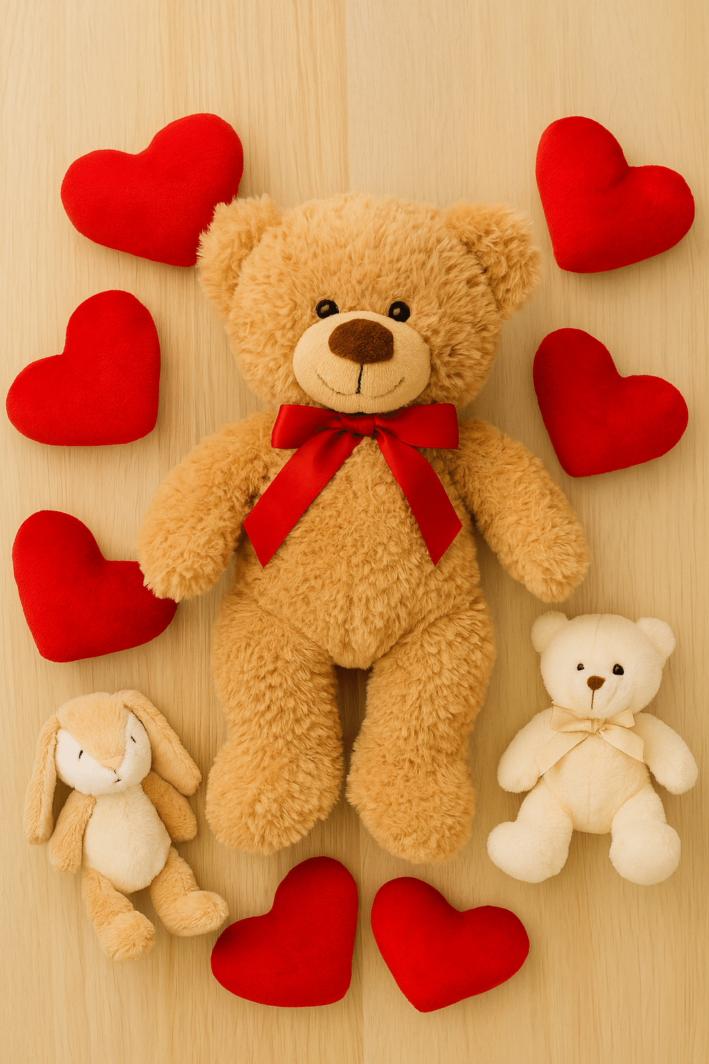 Cute teddy bears and plush toys arranged with red heart cushions on a wooden surface same day - flower delivery Singapore | ValentineDay.sg
