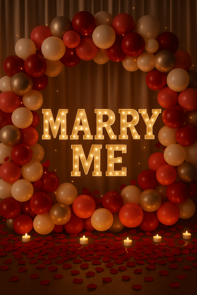 ValentineDay.sg Romantic Backdrop Setup Singapore — elegant “Marry Me” balloon arch with warm lighting, red petals, and candles for proposal and wedding events