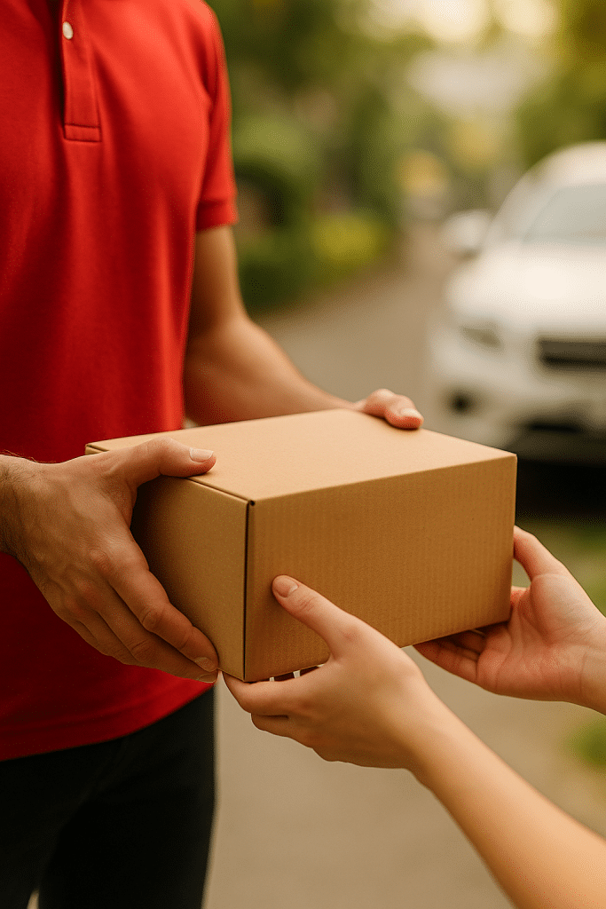 ValentineDay.sg Same Day Delivery Singapore — reliable courier handing over a gift box for express Valentine’s Day delivery service